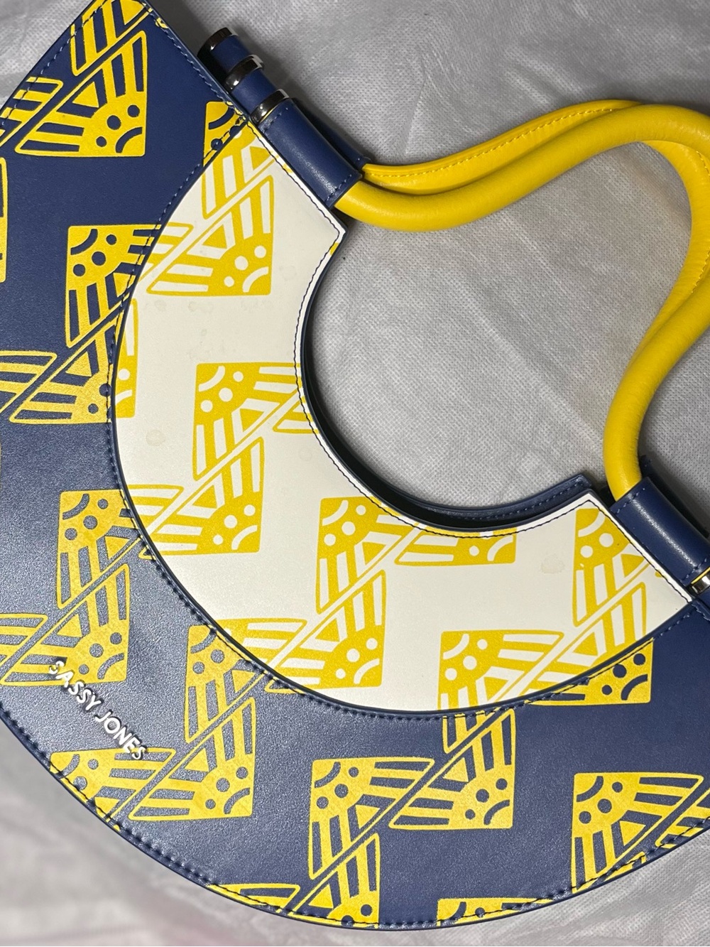 Sassy Jones Yellow, Navy & Cream Graphic Crescent Shoulder Bag